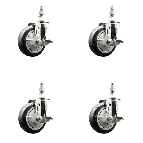 Service Caster 4 Inch 316SS Black Polyurethane Swivel 10mm Threaded Stem Caster Set Brake SS316TS20S414-PPUB-BLK-TLB-M1015-4 - main